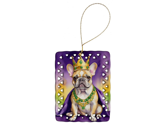 French Bulldog King of Mardi Gras Porcelain Ornament Christmas Tree Hanging Decorations for Home Christmas Holiday, Rectangle, Gift, Multicolor