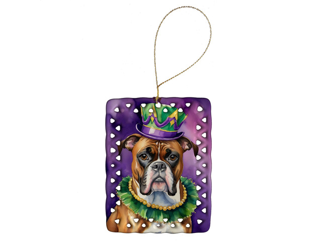 Boxer King of Mardi Gras Porcelain Ornament Christmas Tree Hanging Decorations for Home Christmas Holiday, Rectangle, Gift, Multicolor