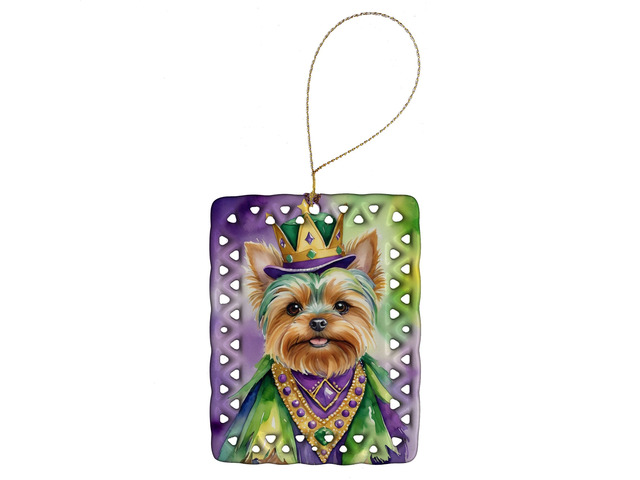 Yorkshire Terrier King of Mardi Gras Porcelain Ornament Christmas Tree Hanging Decorations for Home Christmas Holiday, Rectangle, Gift, Multicolor
