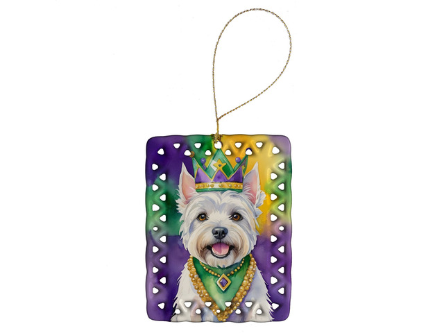 Westie King of Mardi Gras Porcelain Ornament Christmas Tree Hanging Decorations for Home Christmas Holiday, Rectangle, Gift, Multicolor