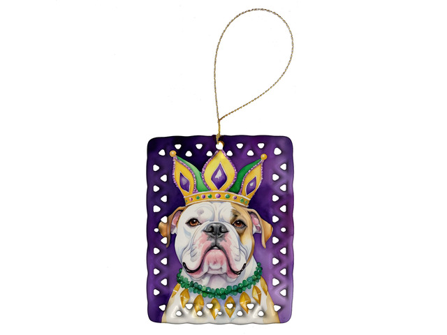 American Bulldog King of Mardi Gras Porcelain Ornament Christmas Tree Hanging Decorations for Home Christmas Holiday, Rectangle, Gift, Multicolor