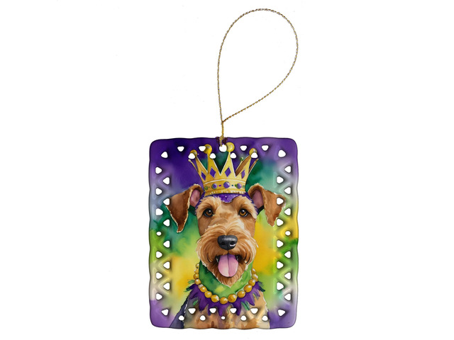 Airedale Terrier King of Mardi Gras Porcelain Ornament Christmas Tree Hanging Decorations for Home Christmas Holiday, Rectangle, Gift, Multicolor