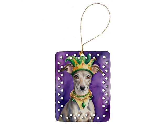 Whippet King of Mardi Gras Porcelain Ornament Christmas Tree Hanging Decorations for Home Christmas Holiday, Rectangle, Gift, Multicolor