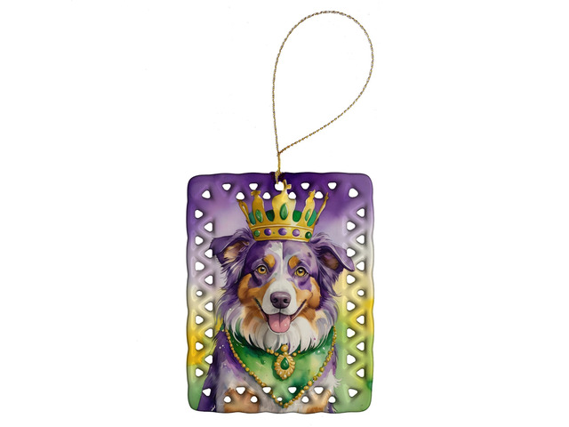 Australian Shepherd King of Mardi Gras Porcelain Ornament Christmas Tree Hanging Decorations for Home Christmas Holiday, Rectangle, Gift, Multicolor