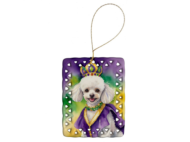 White Poodle King of Mardi Gras Porcelain Ornament Christmas Tree Hanging Decorations for Home Christmas Holiday, Rectangle, Gift, Multicolor