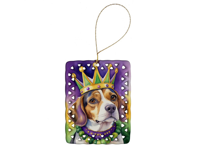 Beagle King of Mardi Gras Porcelain Ornament Christmas Tree Hanging Decorations for Home Christmas Holiday, Rectangle, Gift, Multicolor