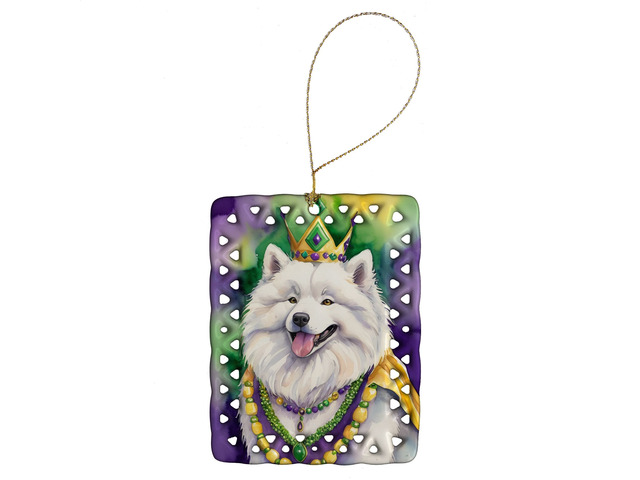 Samoyed King of Mardi Gras Porcelain Ornament Christmas Tree Hanging Decorations for Home Christmas Holiday, Rectangle, Gift, Multicolor