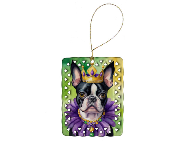 Boston Terrier King of Mardi Gras Porcelain Ornament Christmas Tree Hanging Decorations for Home Christmas Holiday, Rectangle, Gift, Multicolor