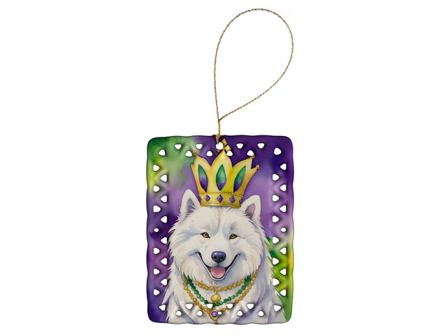 Samoyed King of Mardi Gras Porcelain Ornament Christmas Tree Hanging Decorations for Home Christmas Holiday, Rectangle, Gift, Multicolor