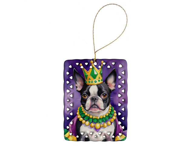 Boston Terrier King of Mardi Gras Porcelain Ornament Christmas Tree Hanging Decorations for Home Christmas Holiday, Rectangle, Gift, Multicolor