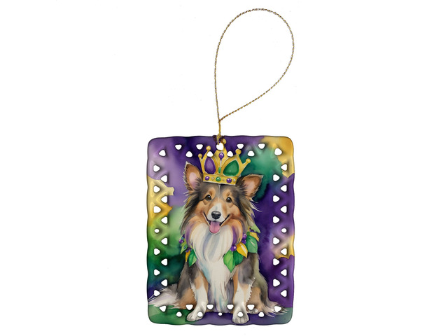 Sheltie King of Mardi Gras Porcelain Ornament Christmas Tree Hanging Decorations for Home Christmas Holiday, Rectangle, Gift, Multicolor
