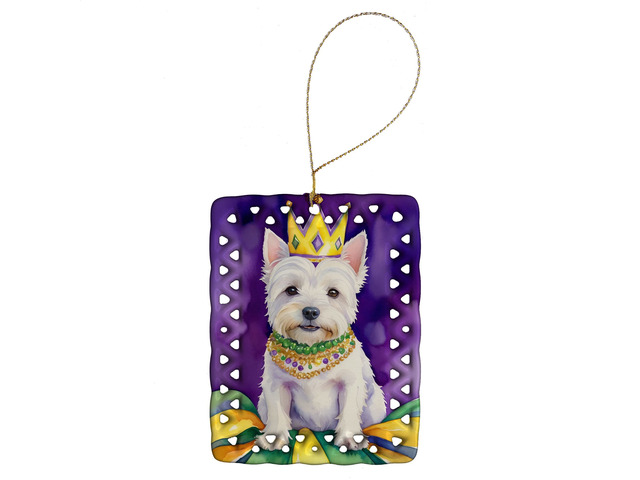 Westie King of Mardi Gras Porcelain Ornament Christmas Tree Hanging Decorations for Home Christmas Holiday, Rectangle, Gift, Multicolor