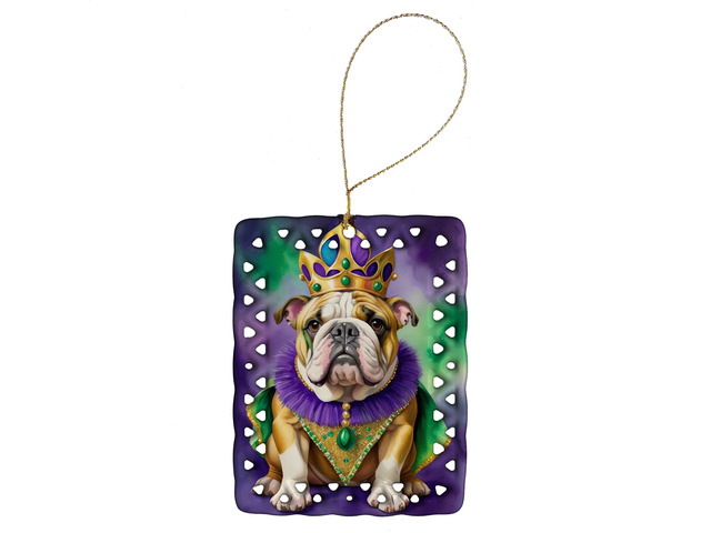 English Bulldog King of Mardi Gras Porcelain Ornament Christmas Tree Hanging Decorations for Home Christmas Holiday, Rectangle, Gift, Multicolor