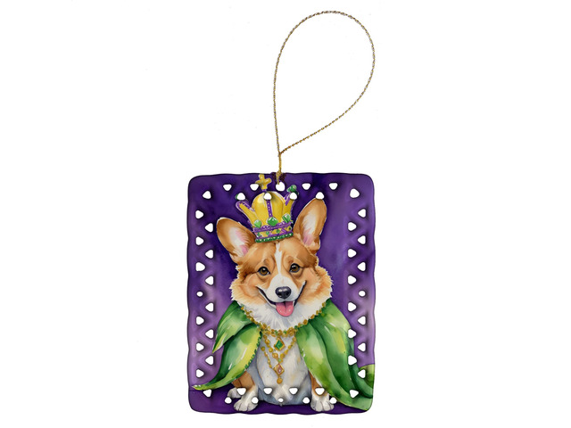 Corgi King of Mardi Gras Porcelain Ornament Christmas Tree Hanging Decorations for Home Christmas Holiday, Rectangle, Gift, Multicolor