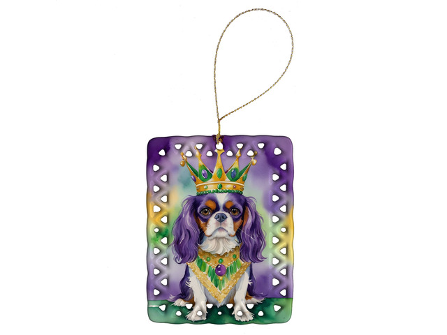 Cavalier Spaniel King of Mardi Gras Porcelain Ornament Christmas Tree Hanging Decorations for Home Christmas Holiday, Rectangle, Gift, Multicolor