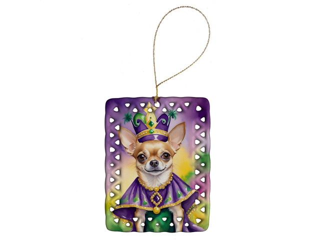 Chihuahua King of Mardi Gras Porcelain Ornament Christmas Tree Hanging Decorations for Home Christmas Holiday, Rectangle, Gift, Multicolor