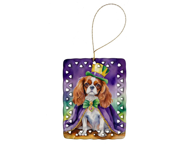 Cavalier Spaniel King of Mardi Gras Porcelain Ornament Christmas Tree Hanging Decorations for Home Christmas Holiday, Rectangle, Gift, Multicolor