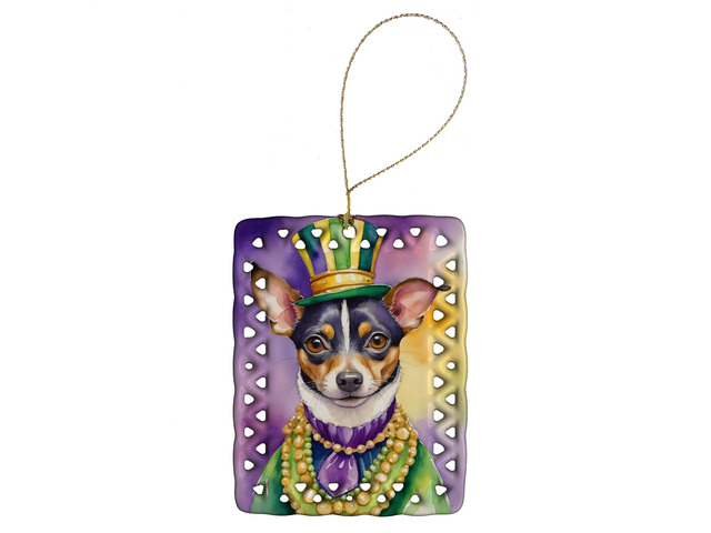 Rat Terrier King of Mardi Gras Porcelain Ornament Christmas Tree Hanging Decorations for Home Christmas Holiday, Rectangle, Gift, Multicolor