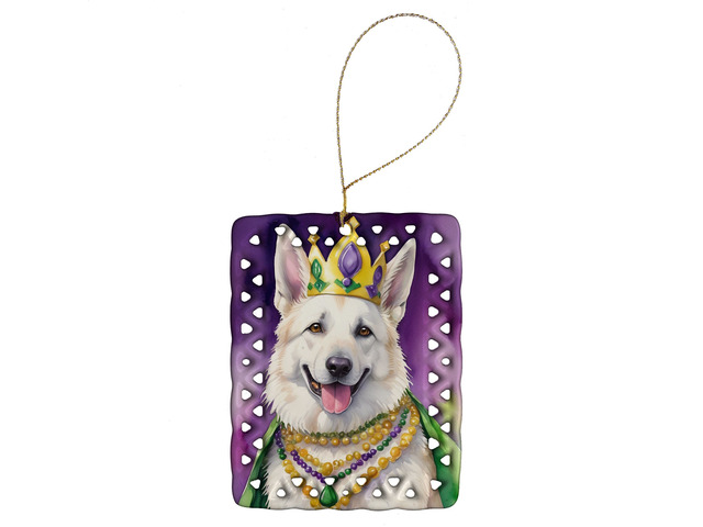 White German Shepherd King of Mardi Gras Porcelain Ornament Christmas Tree Hanging Decorations for Home Christmas Holiday, Rectangle, Gift, Multicolor