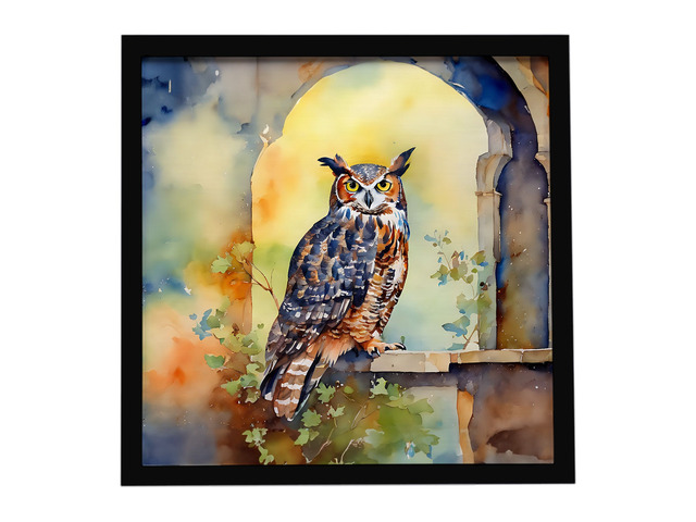 Great Horned Owl Framed Metal Print Bathroom, Kitchen, Office, Home Decor Wall Art Ready to Hang, Square, 8X8