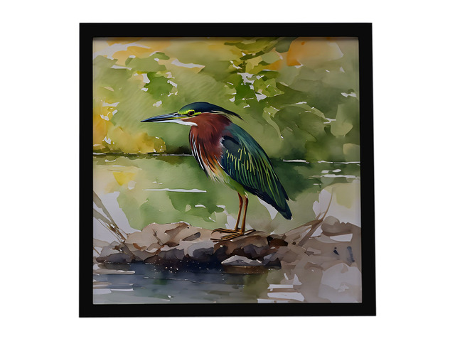 Green Heron Framed Metal Print Bathroom, Kitchen, Office, Home Decor Wall Art Ready to Hang, Square, 8X8