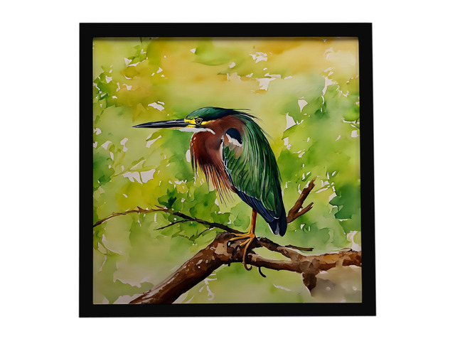Green Heron Framed Metal Print Bathroom, Kitchen, Office, Home Decor Wall Art Ready to Hang, Square, 8X8