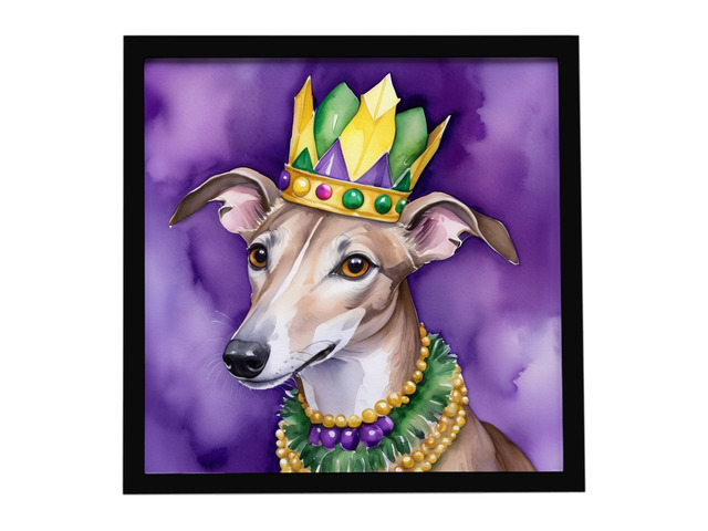 Greyhound King of Mardi Gras Framed Metal Print Bathroom, Kitchen, Office, Home Decor Wall Art Ready to Hang, Square, 8X8