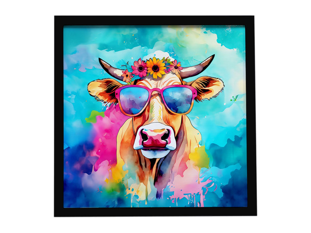 Hippie Animal Malvi Cow Framed Metal Print Bathroom, Kitchen, Office, Home Decor Wall Art Ready to Hang, Square, 8X8