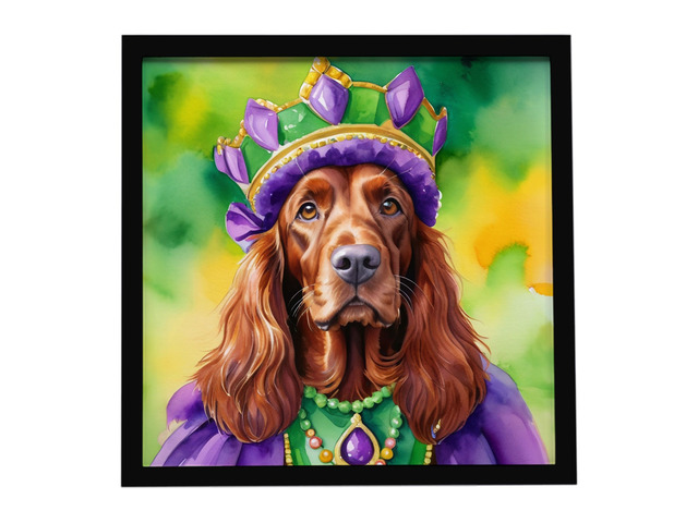 Irish Setter King of Mardi Gras Framed Metal Print Bathroom, Kitchen, Office, Home Decor Wall Art Ready to Hang, Square, 8X8
