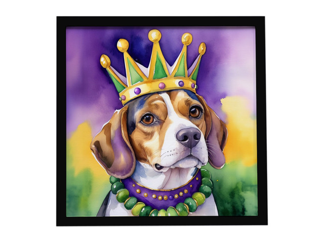 Beagle King of Mardi Gras Framed Metal Print Bathroom, Kitchen, Office, Home Decor Wall Art Ready to Hang, Square, 8X8