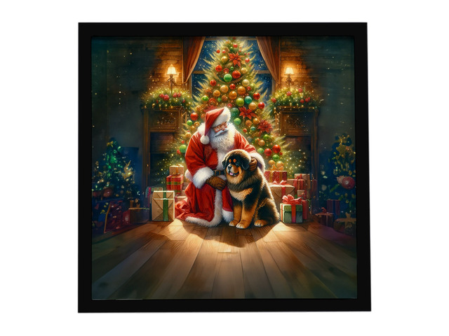 Tibetan Mastiff and Santa Claus Framed Metal Print Bathroom, Kitchen, Office, Home Decor Wall Art Ready to Hang, Square, 8X8