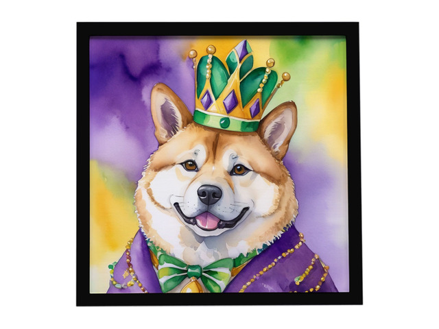 Akita King of Mardi Gras Framed Metal Print Bathroom, Kitchen, Office, Home Decor Wall Art Ready to Hang, Square, 8X8