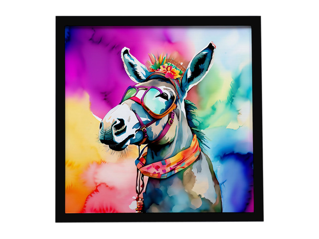 Hippie Animal Donkey Framed Metal Print Bathroom, Kitchen, Office, Home Decor Wall Art Ready to Hang, Square, 8X8