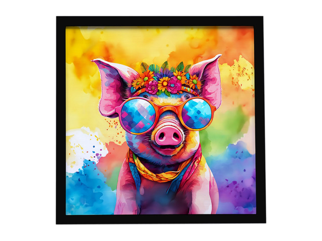Hippie Animal Pig Framed Metal Print Bathroom, Kitchen, Office, Home Decor Wall Art Ready to Hang, Square, 8X8