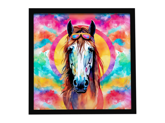 Hippie Animal Horse Framed Metal Print Bathroom, Kitchen, Office, Home Decor Wall Art Ready to Hang, Square, 8X8