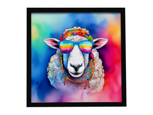 Hippie Animal Sheep Framed Metal Print Bathroom, Kitchen, Office, Home Decor Wall Art Ready to Hang, Square, 8X8