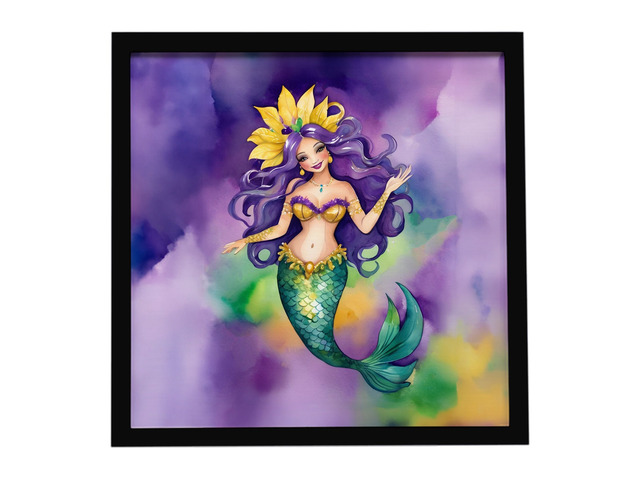Mermaid Mardi Gras Framed Metal Print Bathroom, Kitchen, Office, Home Decor Wall Art Ready to Hang, Square, 8X8