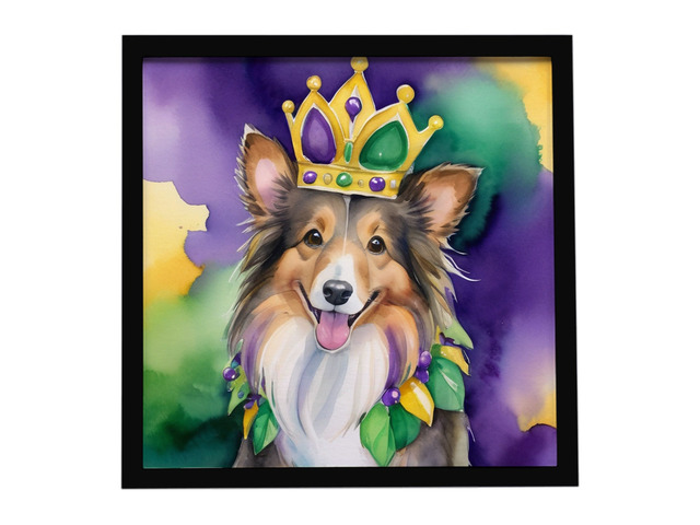 Sheltie King of Mardi Gras Framed Metal Print Bathroom, Kitchen, Office, Home Decor Wall Art Ready to Hang, Square, 8X8