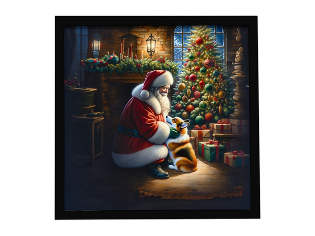 Corgi and Santa Claus Framed Metal Print Bathroom, Kitchen, Office, Home Decor Wall Art Ready to Hang, Square, 8X8