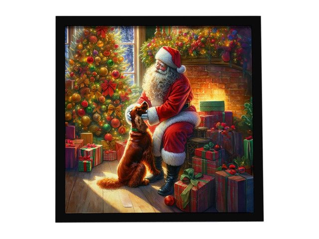 Irish Setter and Santa Claus Framed Metal Print Bathroom, Kitchen, Office, Home Decor Wall Art Ready to Hang, Square, 8X8