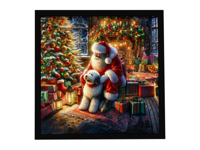 Old English Sheepdog and Santa Claus Framed Metal Print Bathroom, Kitchen, Office, Home Decor Wall Art Ready to Hang, Square, 8X8