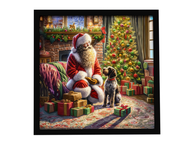 Wirehaired Pointing Griffon and Santa Claus Framed Metal Print Bathroom, Kitchen, Office, Home Decor Wall Art Ready to Hang, Square, 8X8