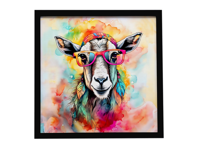 Hippie Animal Goat Framed Metal Print Bathroom, Kitchen, Office, Home Decor Wall Art Ready to Hang, Square, 8X8