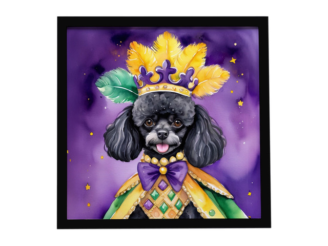 Black Poodle King of Mardi Gras Framed Metal Print Bathroom, Kitchen, Office, Home Decor Wall Art Ready to Hang, Square, 8X8