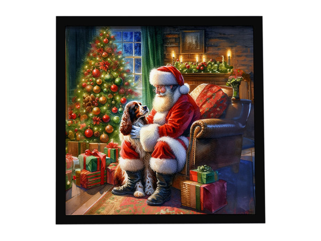Welsh Springer Spaniel and Santa Claus Framed Metal Print Bathroom, Kitchen, Office, Home Decor Wall Art Ready to Hang, Square, 8X8