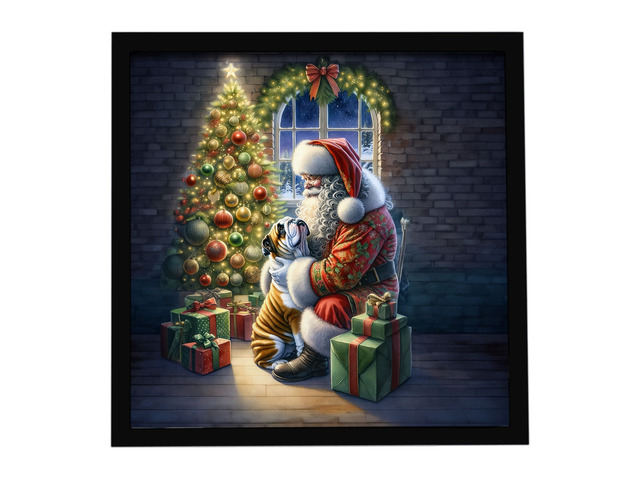 English Bulldog and Santa Claus Framed Metal Print Bathroom, Kitchen, Office, Home Decor Wall Art Ready to Hang, Square, 8X8