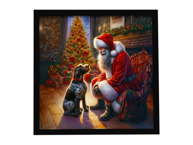 German Wirehaired Pointer and Santa Claus Framed Metal Print Bathroom, Kitchen, Office, Home Decor Wall Art Ready to Hang, Square, 8X8