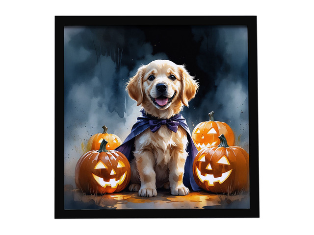 Golden Retriever Puppy Halloween Framed Metal Print Bathroom, Kitchen, Office, Home Decor Wall Art Ready to Hang, Square, 8X8