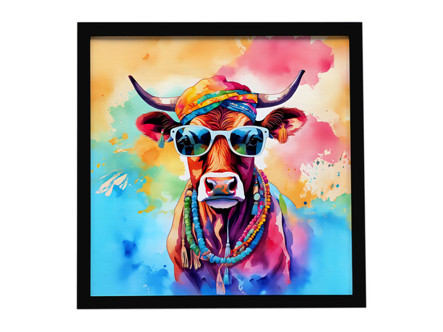 Hippie Animal Cow Framed Metal Print Bathroom, Kitchen, Office, Home Decor Wall Art Ready to Hang, Square, 8X8