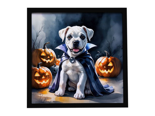 White Boxer Puppy Halloween Framed Metal Print Bathroom, Kitchen, Office, Home Decor Wall Art Ready to Hang, Square, 8X8